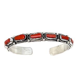 Navajo Mediterranean Coral Stacker Cuff Bracelet Sterling Silver Native American
